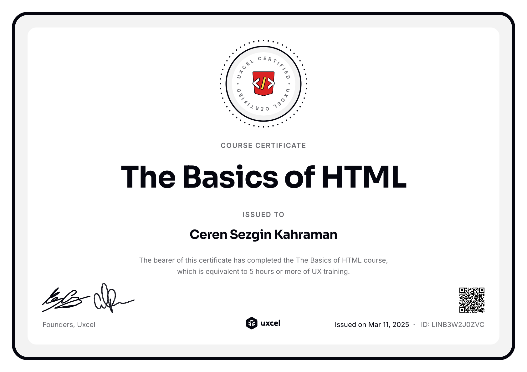 Ceren Sezgin Kahraman's certificate